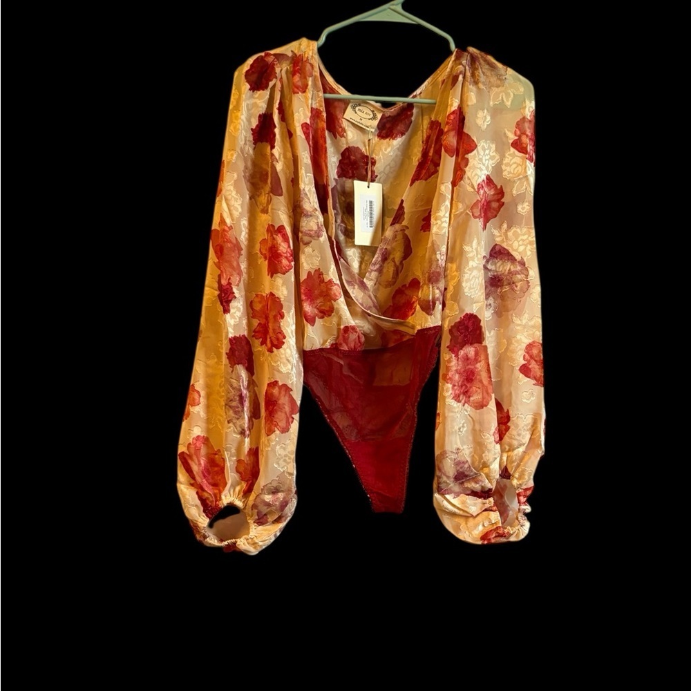 Joyfolie Red and Cream Floral Bodysuit